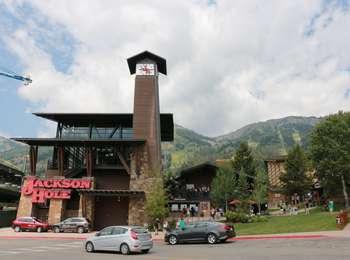 Jackson Hole Mountain Resort base area tram dock and clock tower
