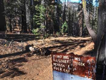 A metal sign lists trail destinations and mileage at the start of a dirt path that enters the woods.