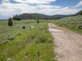 Gravel road leading across sagebrush to the trailhead.