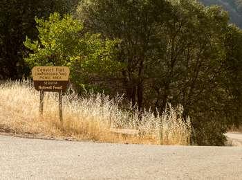 A campground entrance sign for Convict Flat in front of low trees.