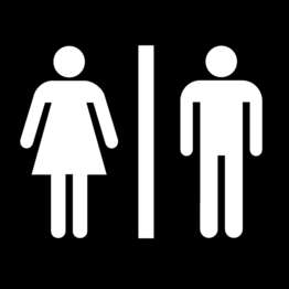 Black and white symbol for restroom with male and female figures separated by a wall.
