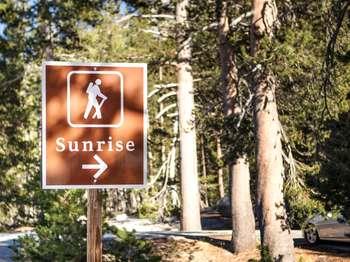 A brown and white sign reads, "Sunrise," and has an icon of a hiker and an arrow pointing right.