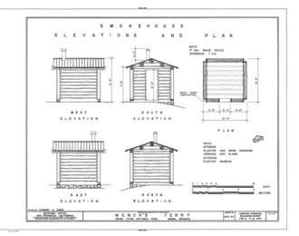 Elevations and plan of the smokehouse. Drawing shows all four sides and top down view of smokehouse.