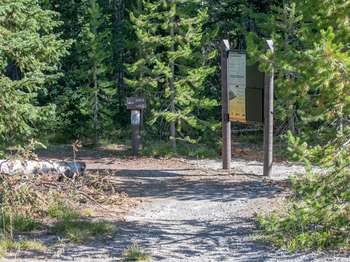 Wooden and metal signs mark the start of a trail that heads into the woods.