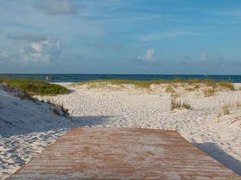 Brown boardwalk ends in front of white sand dunes with green plants and blue water in the background.