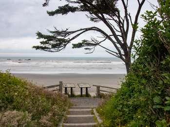 A trailhead with a glimpse of beach beyond.