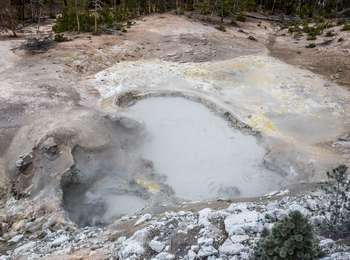 Looking down at still, muddy water surrounded by light rocks