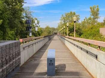 Looking down a long, wood pedestrian bridge, with concrete and metal side rides, that is bordered by trees and shrubs in great density