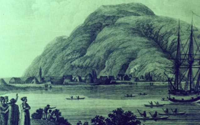 Historic illustration of four people stand at the edge of a bay