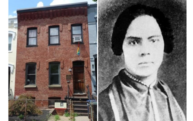 Left: exterior image of a red brick row house; right: portrait of an African American woman