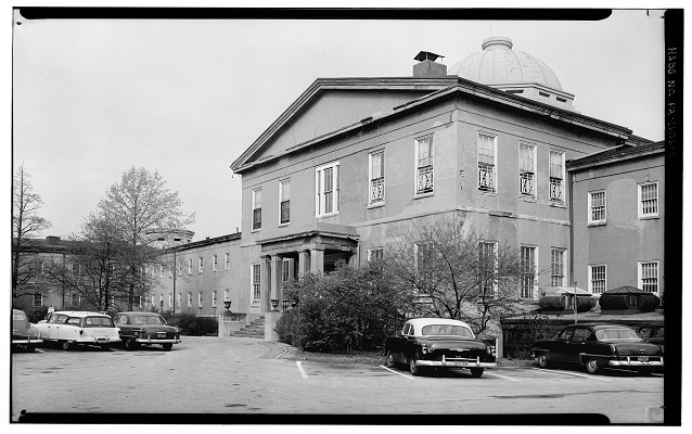 Black and white photo of a hospital