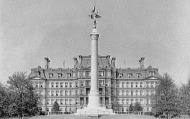 The First Division Monument, a tall stone column topped with a winged figure. The First Division Monument, a tall stone column topped with a winged figure.