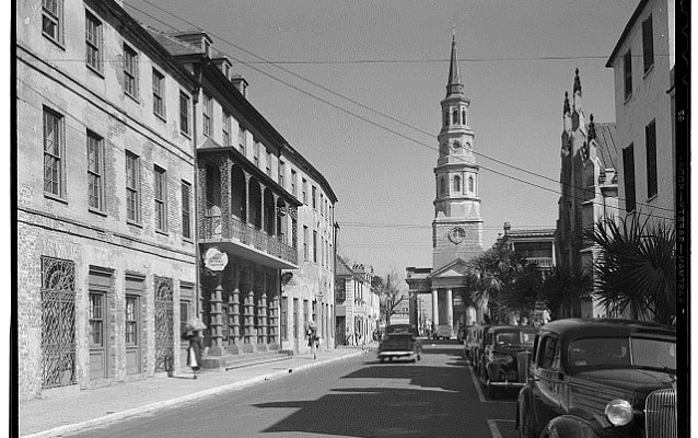 Black and white photo of church 