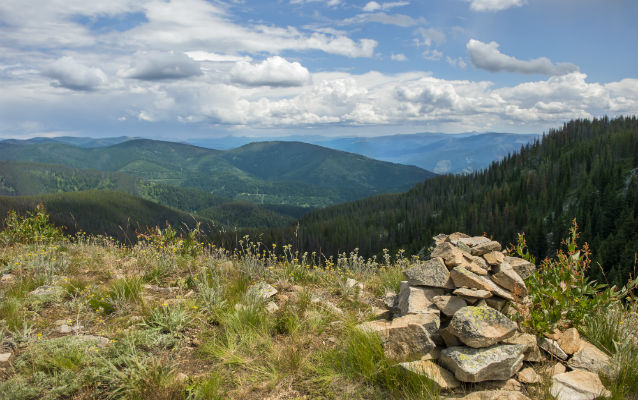 Rock cairn with trees in background