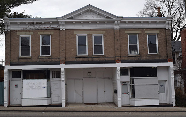 Theatre exterior, front façade, from west side of Hamilton Avenue, facing east