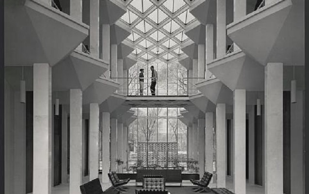 Interior of McGregor Memorial Conference Center with diamond-shaped skylights. 