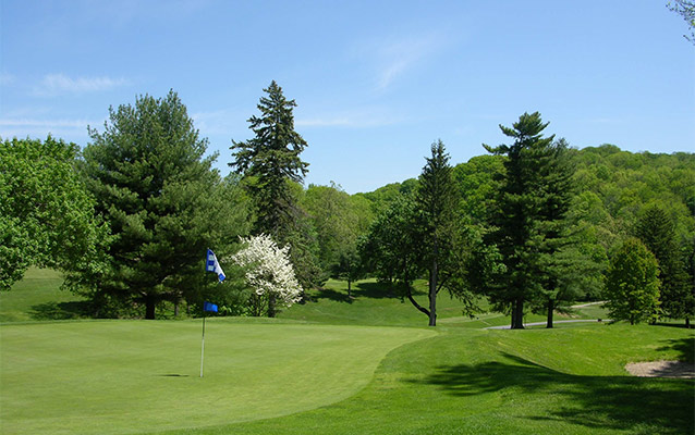 Rolling golf course with green and flag in forefront.