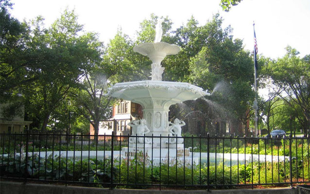 The 12-ton, 20-foot-tall cast-iron fountain has cast zinc statues and rests on an octagonal base