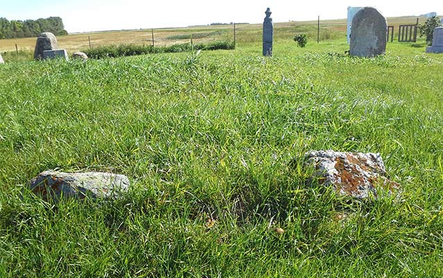 View of an unidentified burial mound with six moss-covered rocks