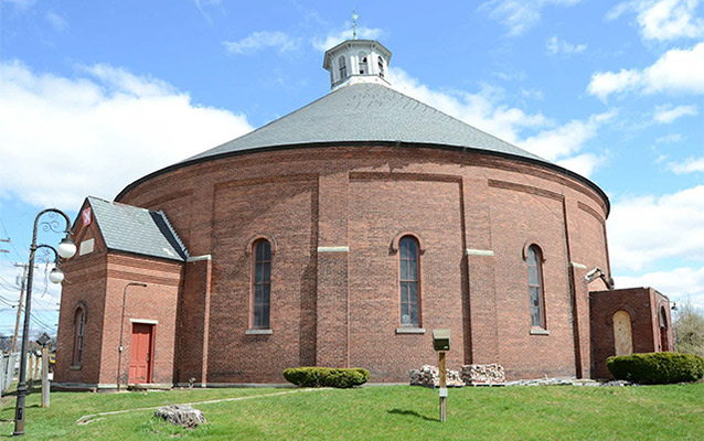 Two-story, brick, cylindrical structure