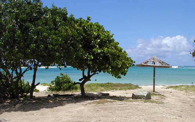 a beach with small wooden structure