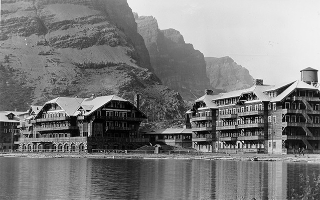 a view of the Many Glacier Hotel taken in the 1920s a view of the Many Glacier Hotel taken in the 1920s