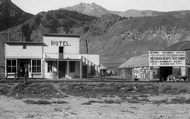 Historic view of wooden building all in a line.