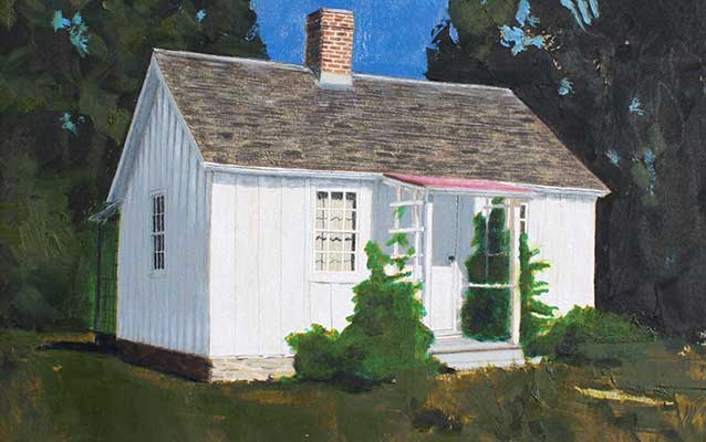 A small white cottage is depicted in a painting amid summer foliage. A small white cottage is depicted in a painting amid summer foliage.