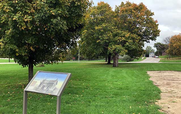 A vacant lot has a maple tree and a sign on its lawn. A vacant lot has a maple tree and a sign on its lawn.