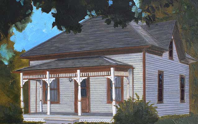 A painting depicts a two-story cream colored house with brown trim. A painting depicts a two-story cream colored house with brown trim.
