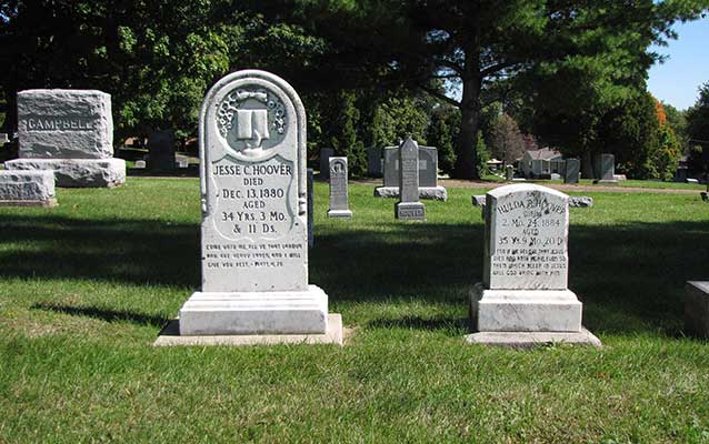 Two white headstones mark the graves of Jesse and Hulda Hoover. Two white headstones mark the graves of Jesse and Hulda Hoover.