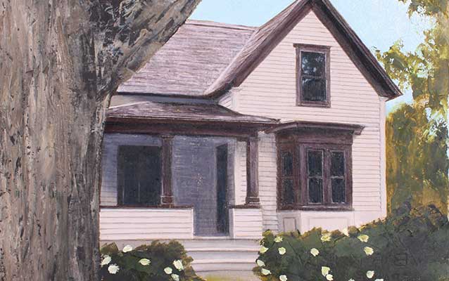 A white house depicted in a painting has brown trim and is surrounded by a lawn and leafy trees. A white house depicted in a painting has brown trim and is surrounded by a lawn and leafy trees.