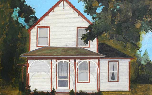 A painting depicts a yellow two story house has brown trim and Carpenter Gothic gingerbread. A painting depicts a yellow two story house has brown trim and Carpenter Gothic gingerbread.