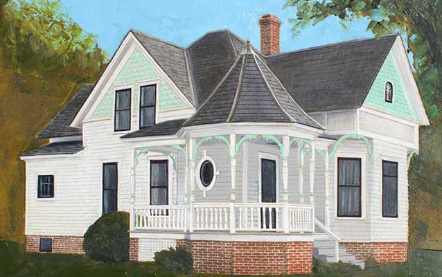 A painting depicts a white and blue house with a big porch and a round pointed roof.