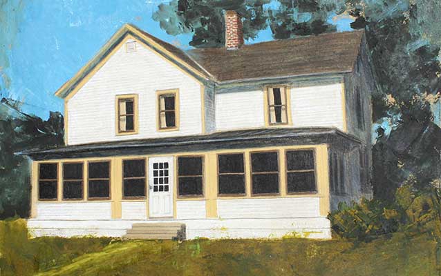 A cream colored two story house with a broad enclosed porch and yellow trim, depicted in a painting. A cream colored two story house with a broad enclosed porch and yellow trim, depicted in a painting.