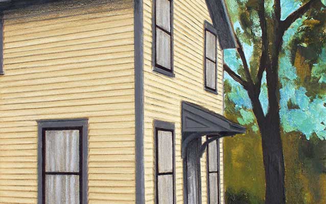 A painting depicts a boxy yellow two story house. A painting depicts a boxy yellow two story house.