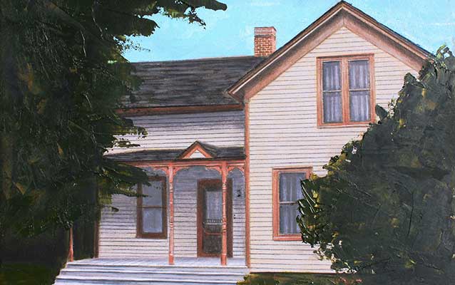 A painting depicts an off-white house with brown trim and a porch. A painting depicts an off-white house with brown trim and a porch.