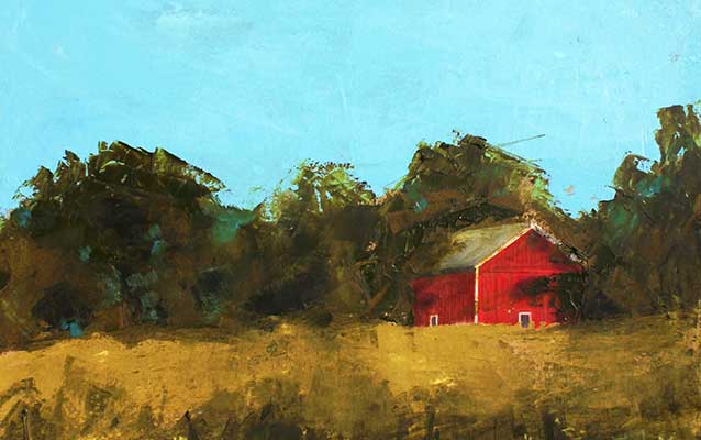 A painting depicts a red barn shaded by trees as seen from the golden tallgrass prairie. A painting depicts a red barn shaded by trees as seen from the golden tallgrass prairie.