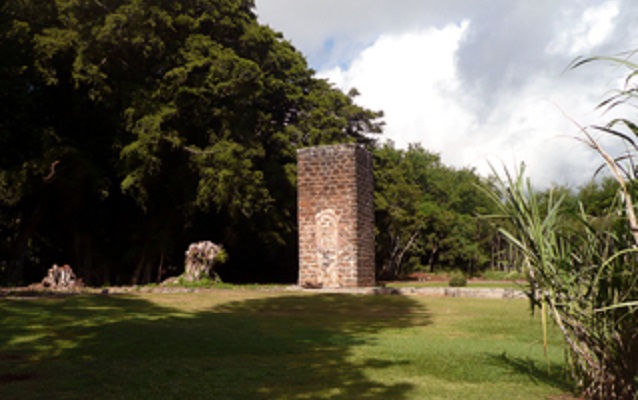 Grassy area with brick ruins. 