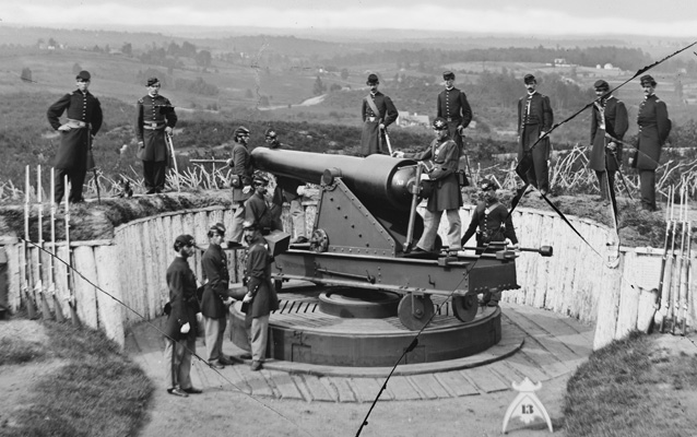 Sergeants of 3rd Masachusetts Heavy Artillery, with gun and caisson at Fort Totten.