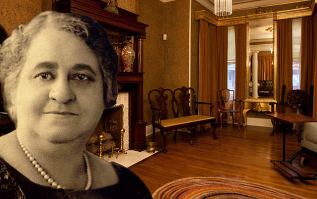 Maggie Walker's face in black and white in front of a color photo of her historic home's interior