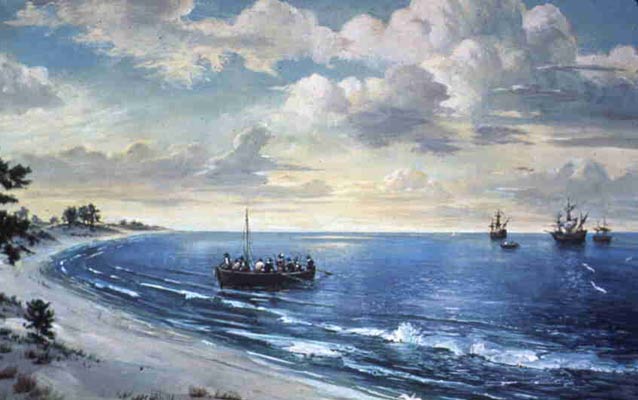 historical painting of ships arriving at jamestown colony