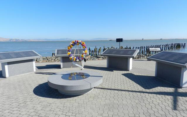 Memorial with wreath at site of Port Chicago disaster Memorial with wreath at site of Port Chicago disaster