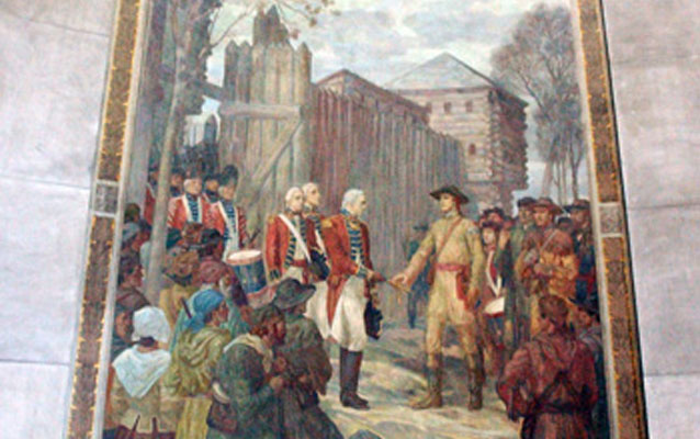 A mural depicts British soldiers shaking hands with American frontiersmen outside a wooden fort.