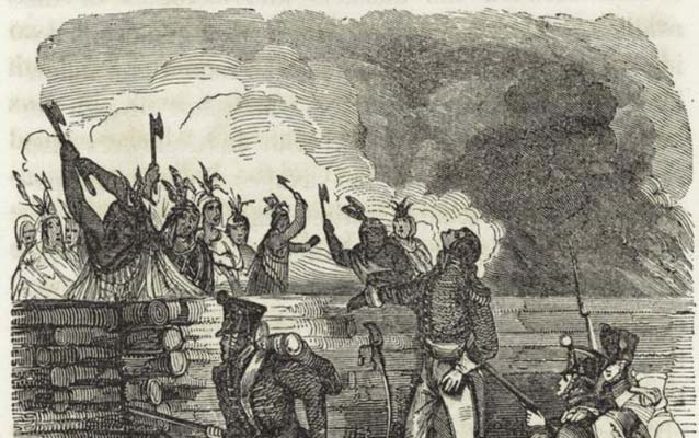 A woodcut drawing of American soldiers attacking Creek Indians behind a wooden barricade.