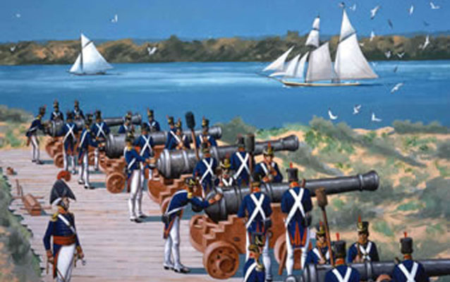 Color painting of cannons and their crew along the river. Color painting of cannons and their crew along the river.