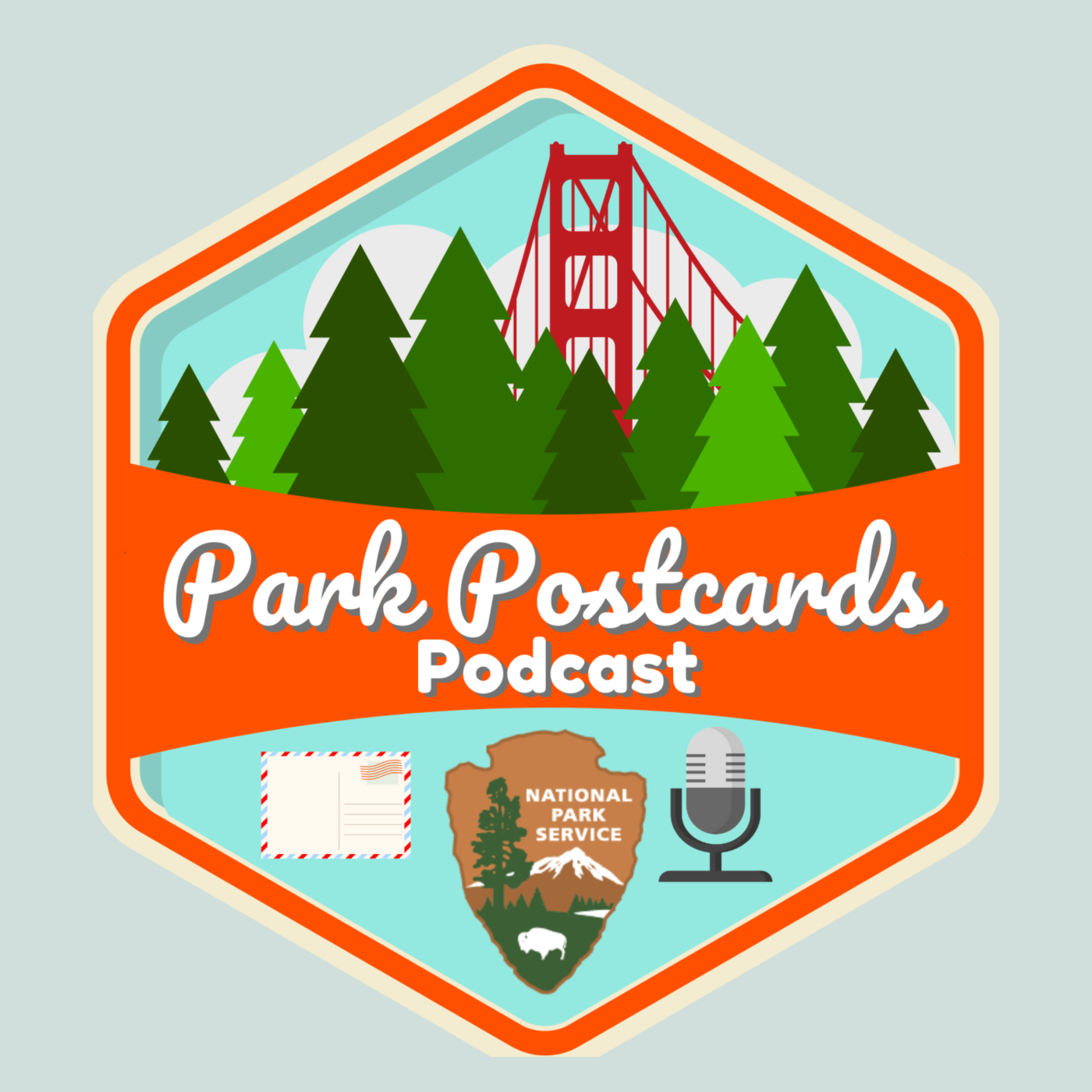 Park Postcards Podcast logo: vector redwood forest, Golden Gate Bridge, and fog over mic, arrowhead.