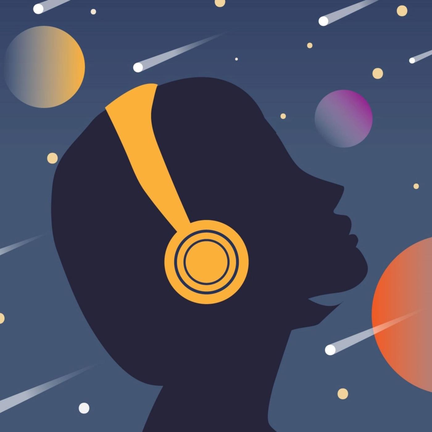 A drawing of a woman in silhouette wearing headphones in front of planets and shooting stars.