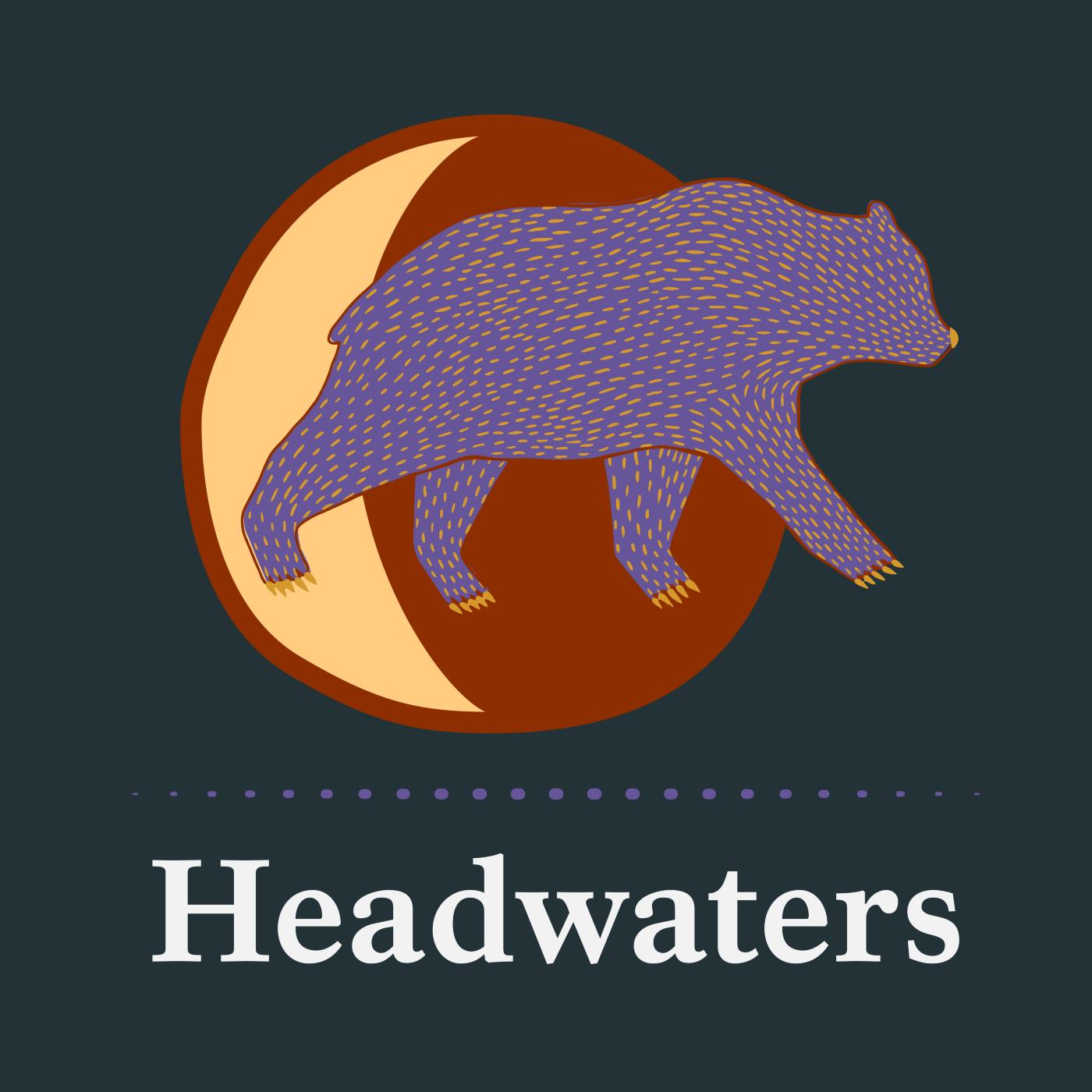 A graphic of a purple bear in front of a solid red circle with a yellow moon, with "Headwaters" text