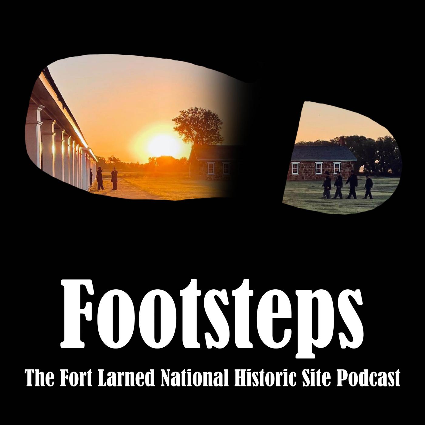 Footsteps logo with a depiction of the fort at sunrise in teh background